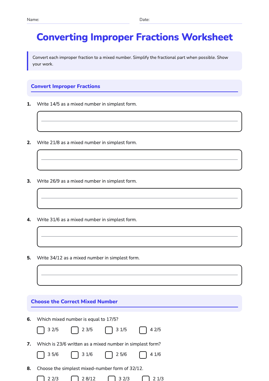 Converting Improper Fractions Worksheet worksheet preview