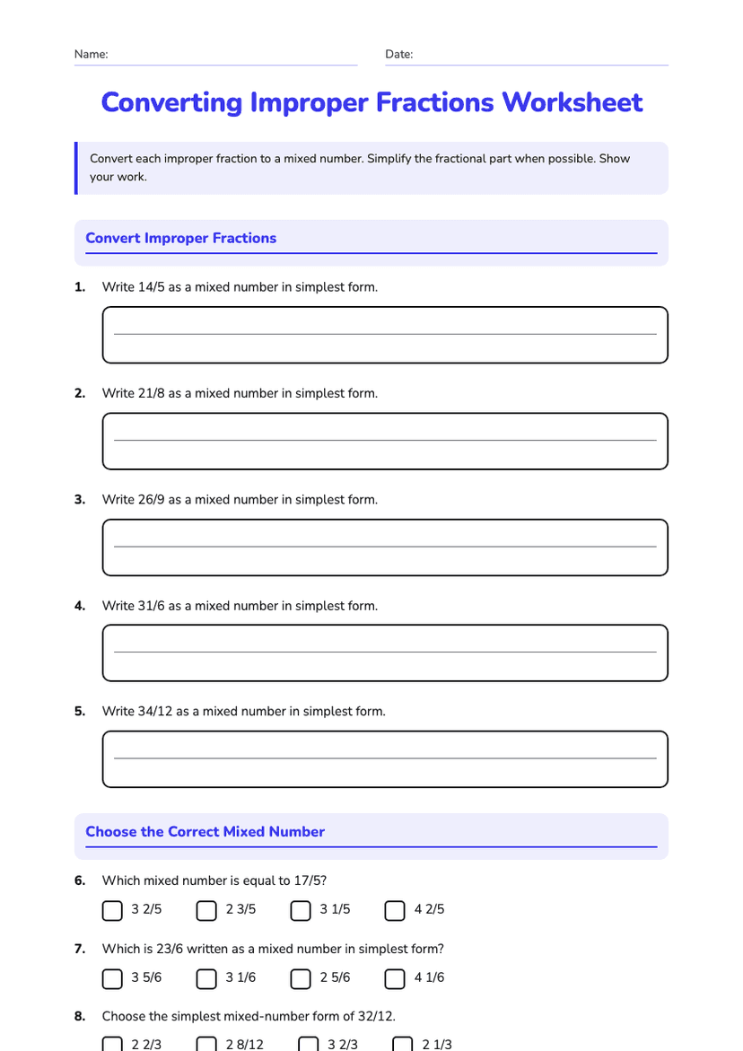 Converting Improper Fractions Worksheet