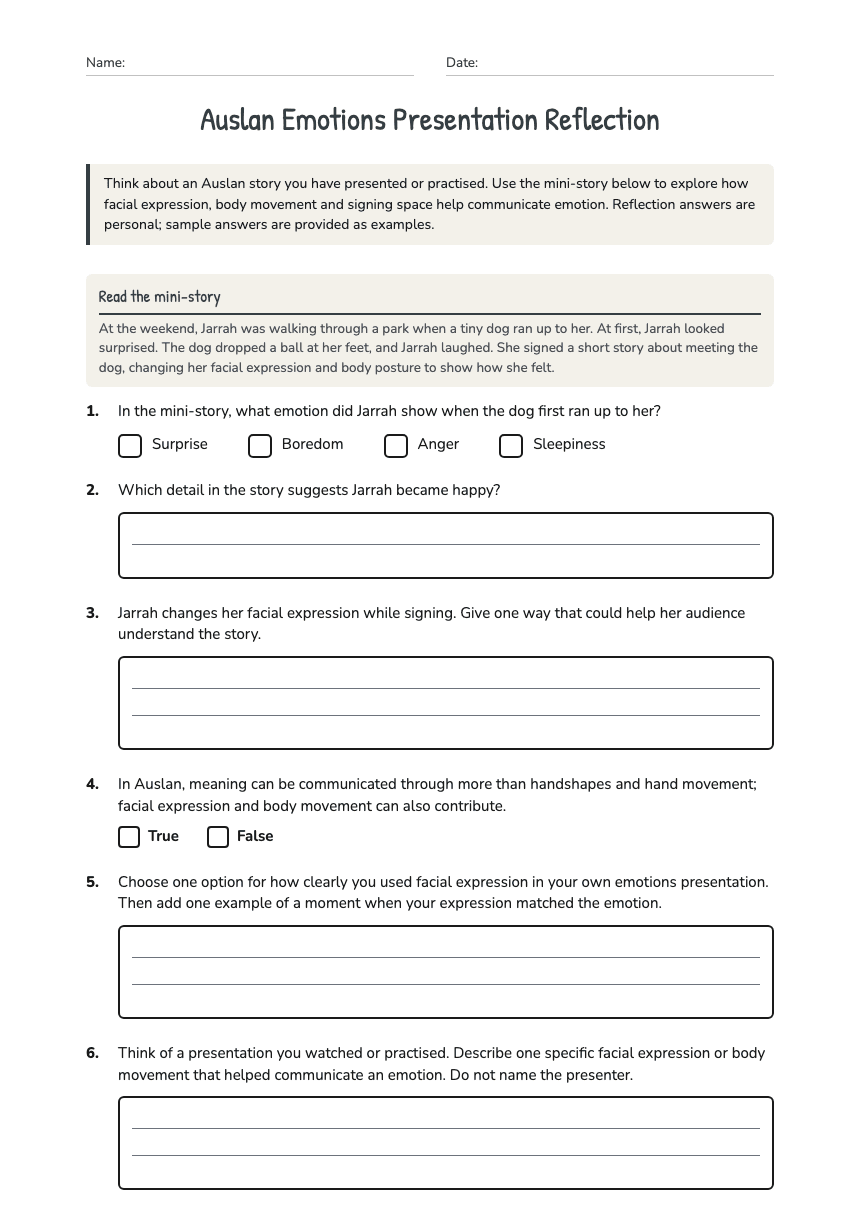 Auslan Emotions Presentation Reflection worksheet preview