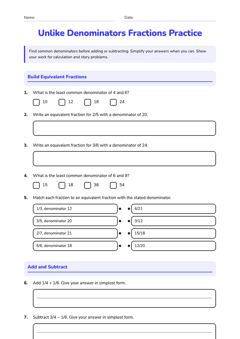 Unlike Denominators Fractions Practice