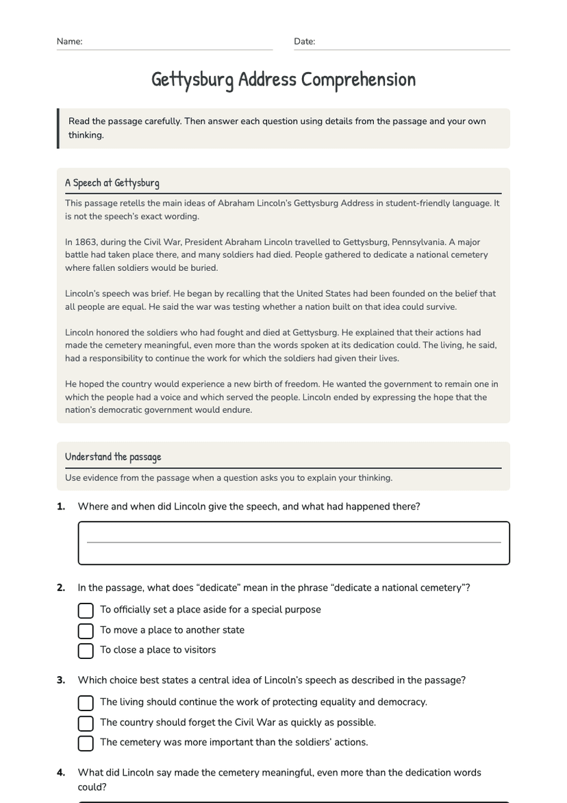 Gettysburg Address Comprehension