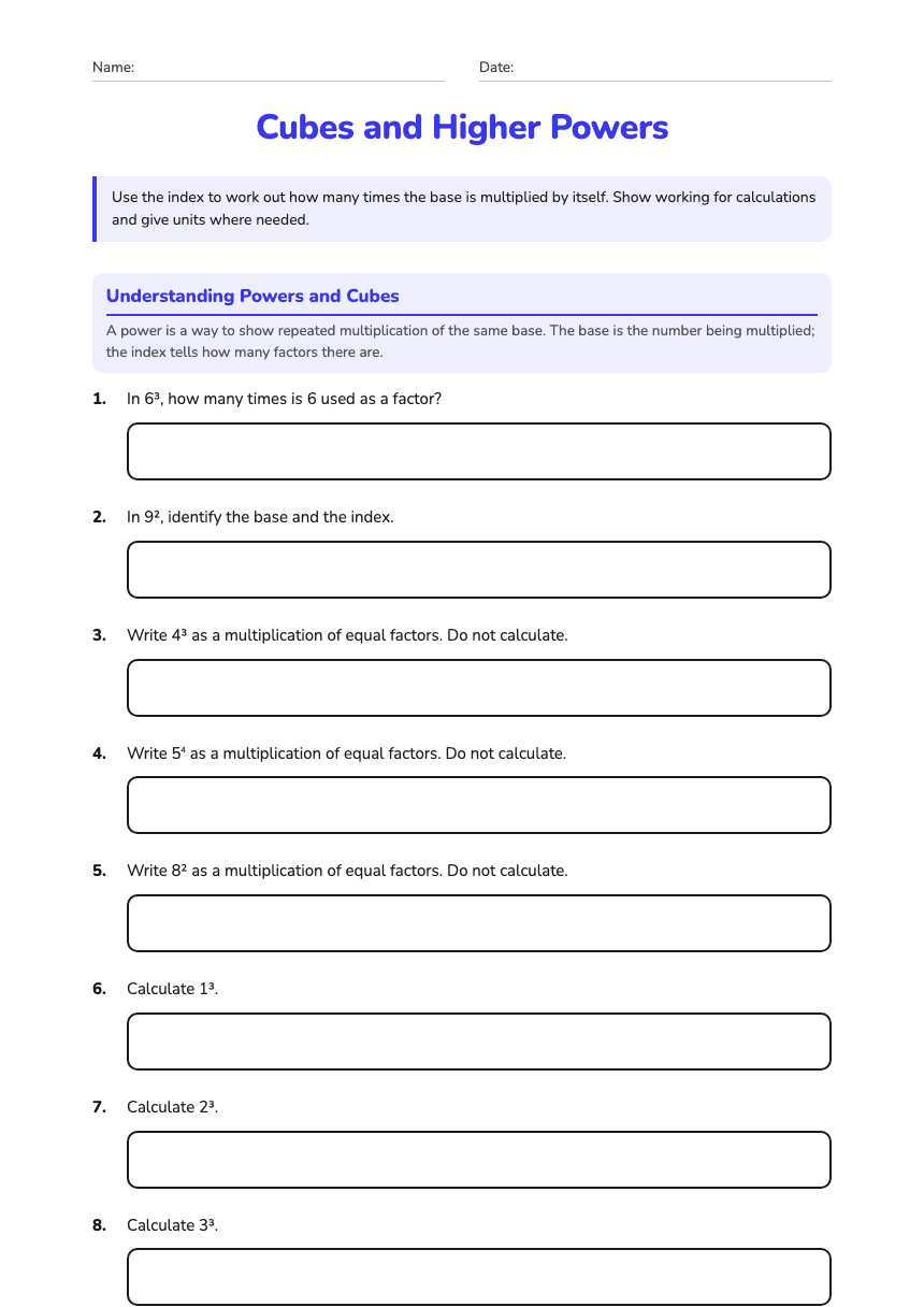Cubes and Higher Powers worksheet preview