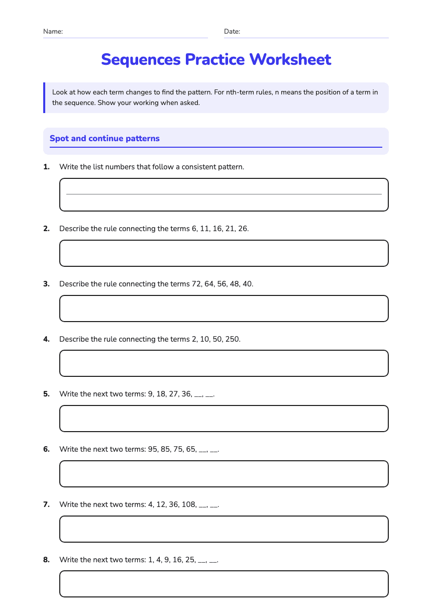 Sequences Practice Worksheet worksheet preview