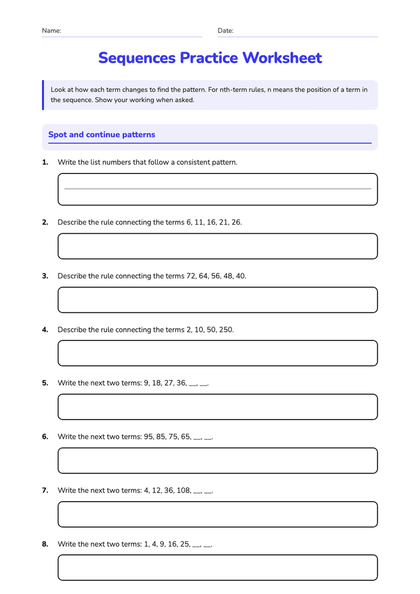 Sequences Practice Worksheet