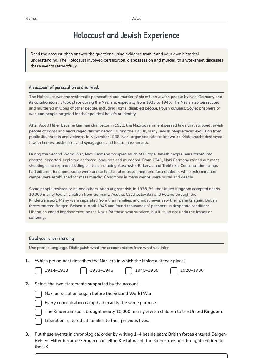 Holocaust and Jewish Experience worksheet preview