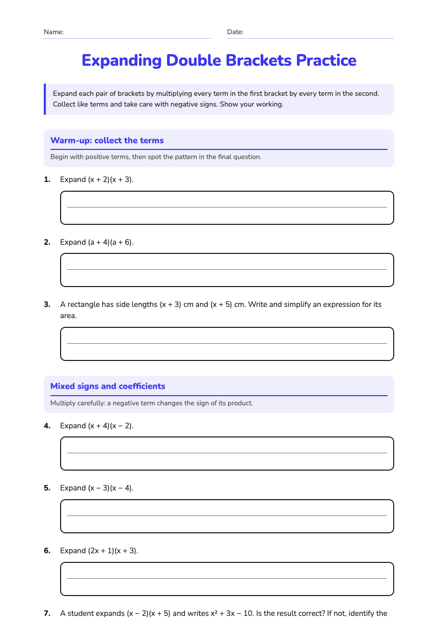Expanding Double Brackets Practice worksheet preview