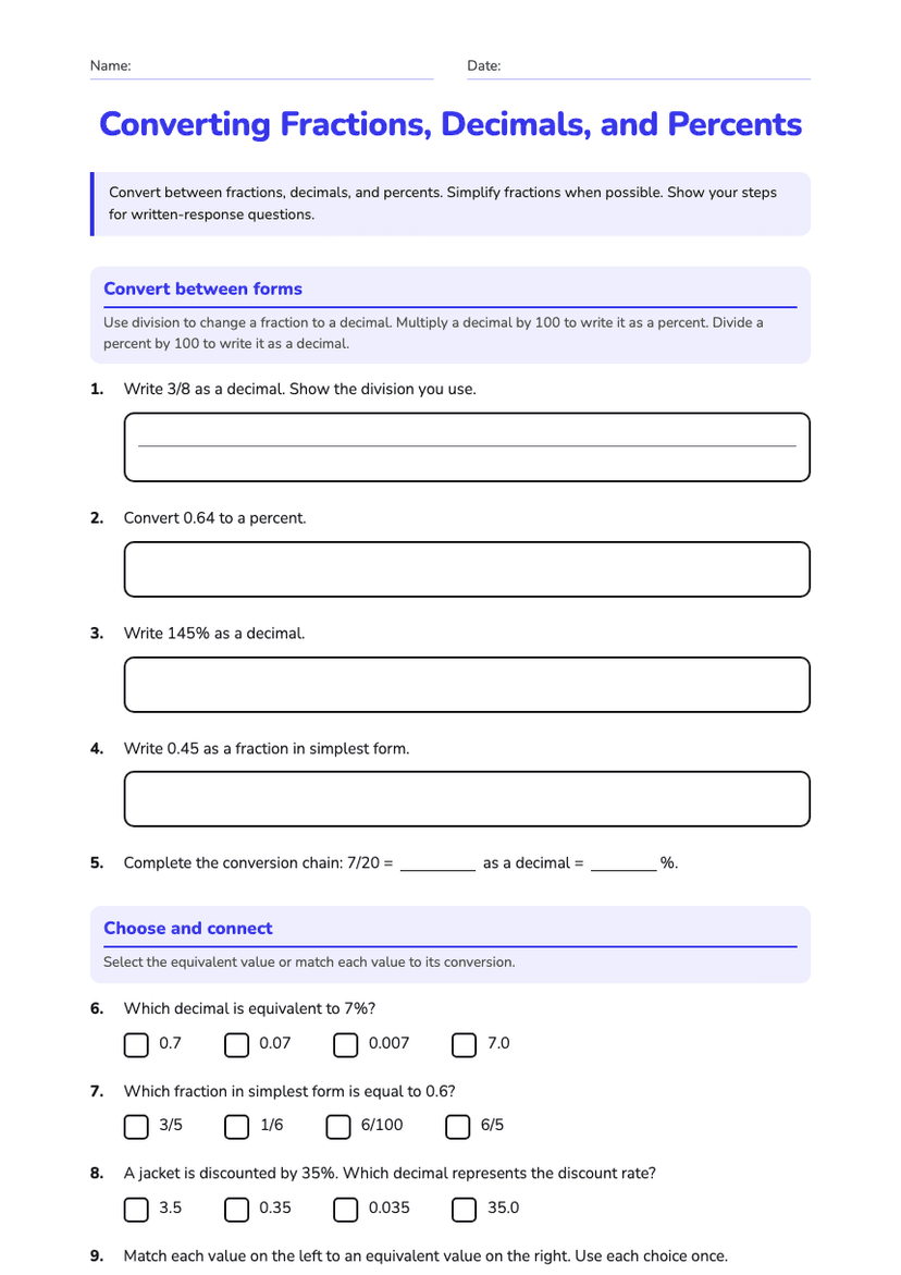 Converting Fractions, Decimals, and Percents