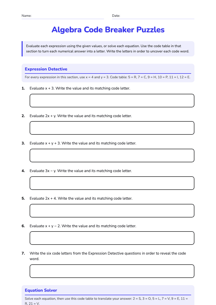 Algebra Code Breaker Puzzles worksheet preview