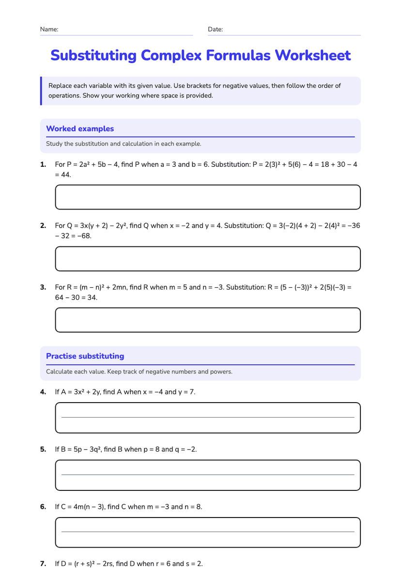 Substituting Complex Formulas Worksheet