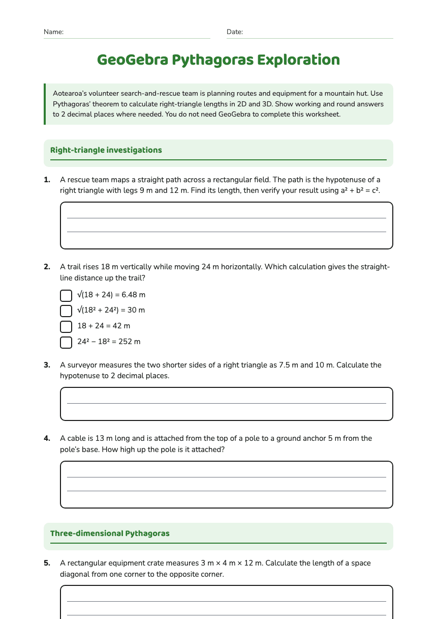 GeoGebra Pythagoras Exploration worksheet preview