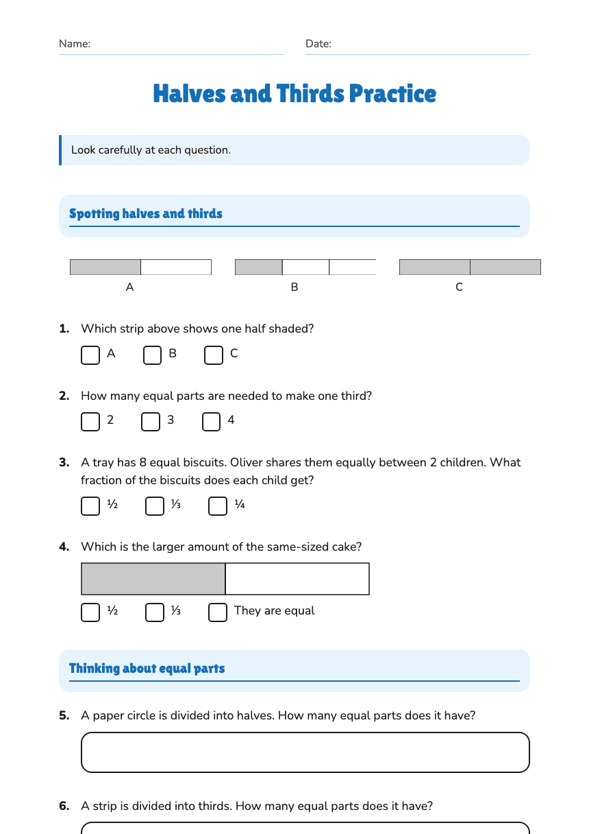 Halves and Thirds Practice worksheet preview