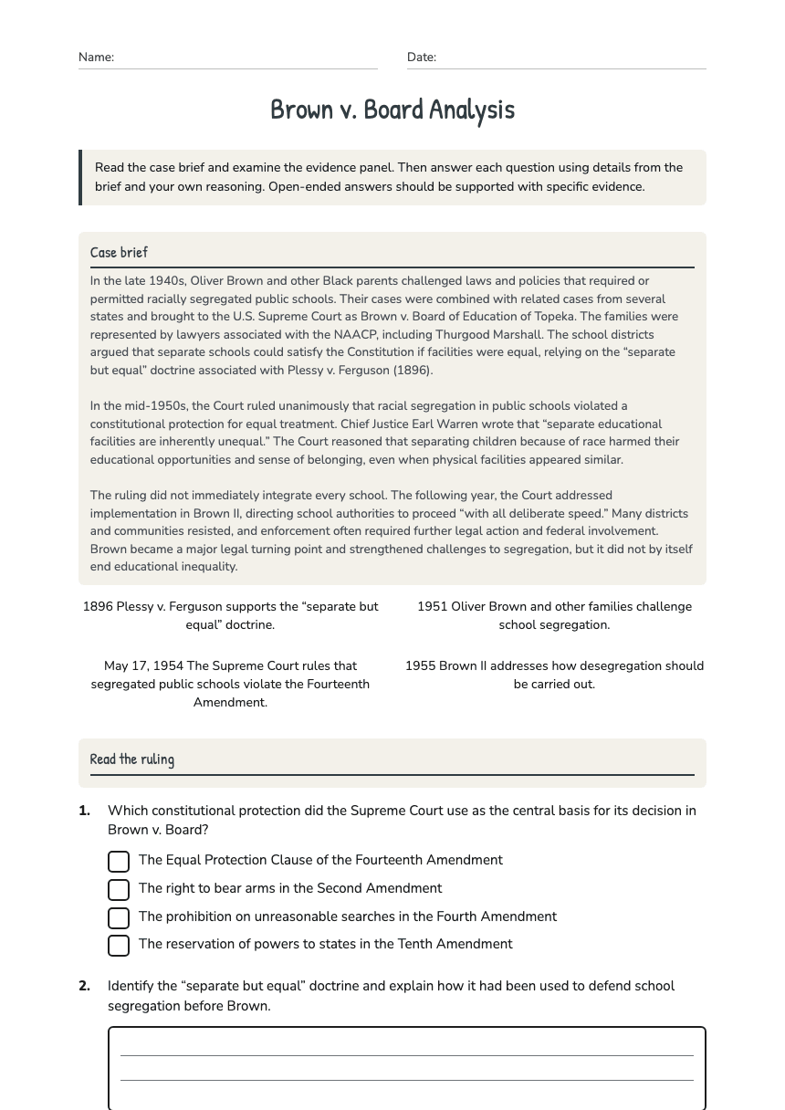 Brown v. Board Analysis worksheet preview