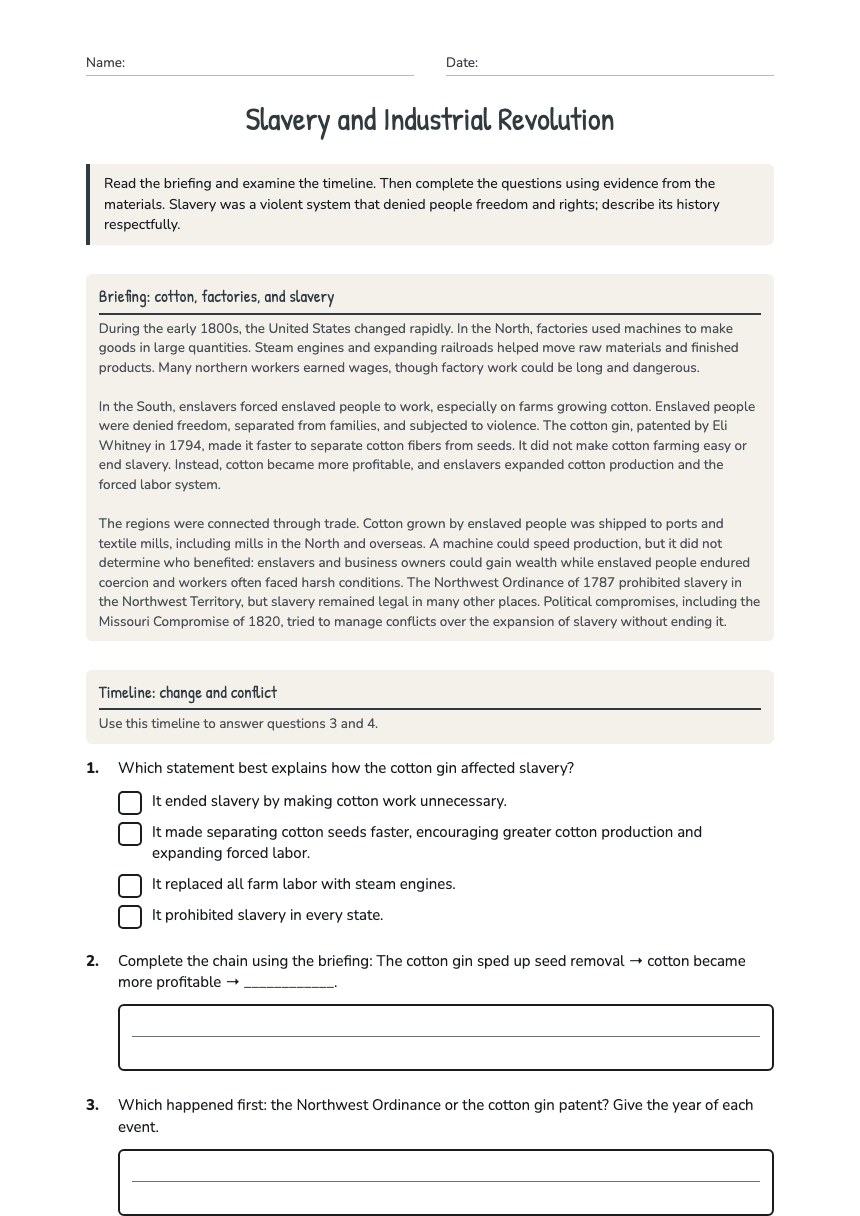 Slavery and Industrial Revolution worksheet preview