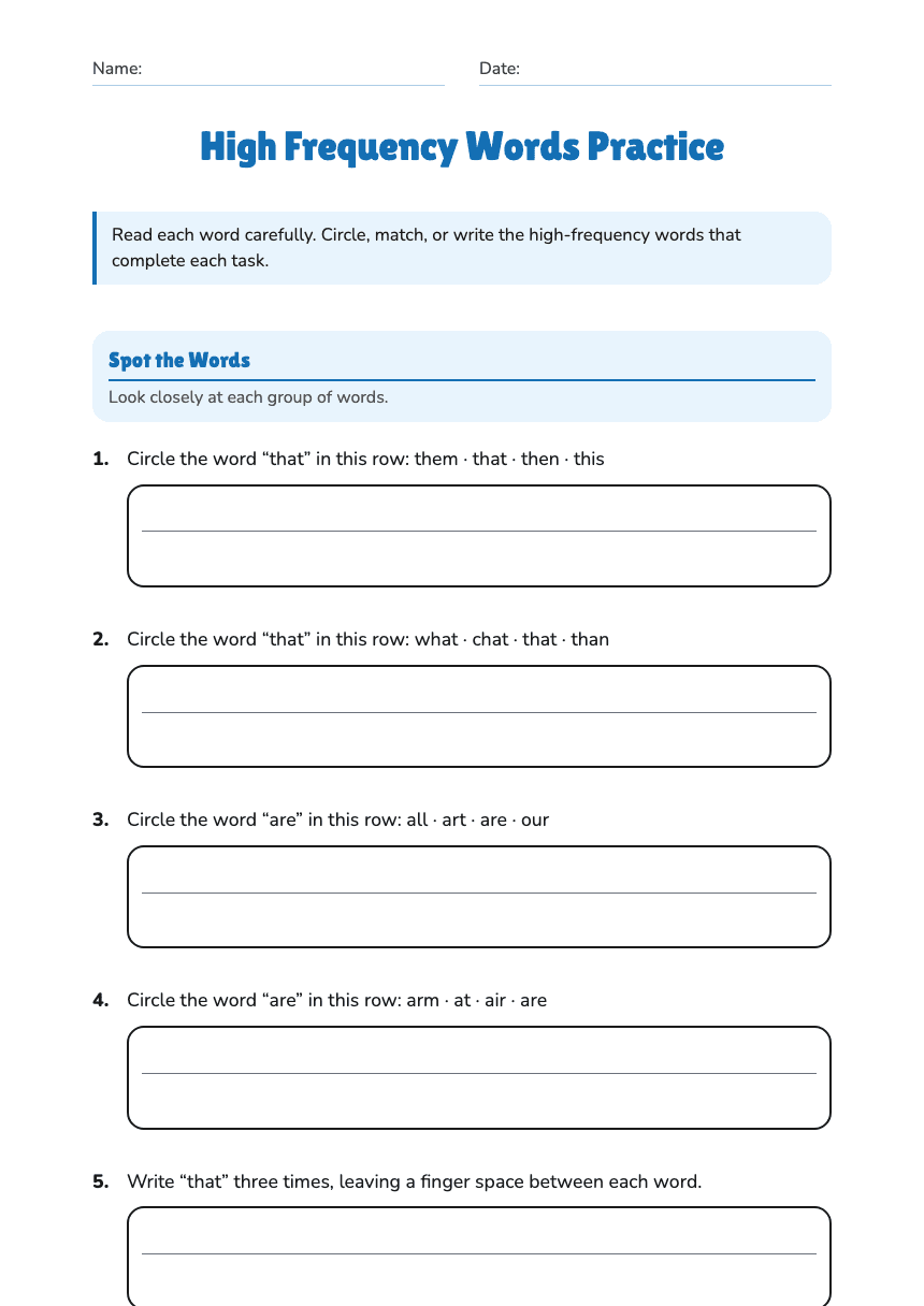 High Frequency Words Practice worksheet preview
