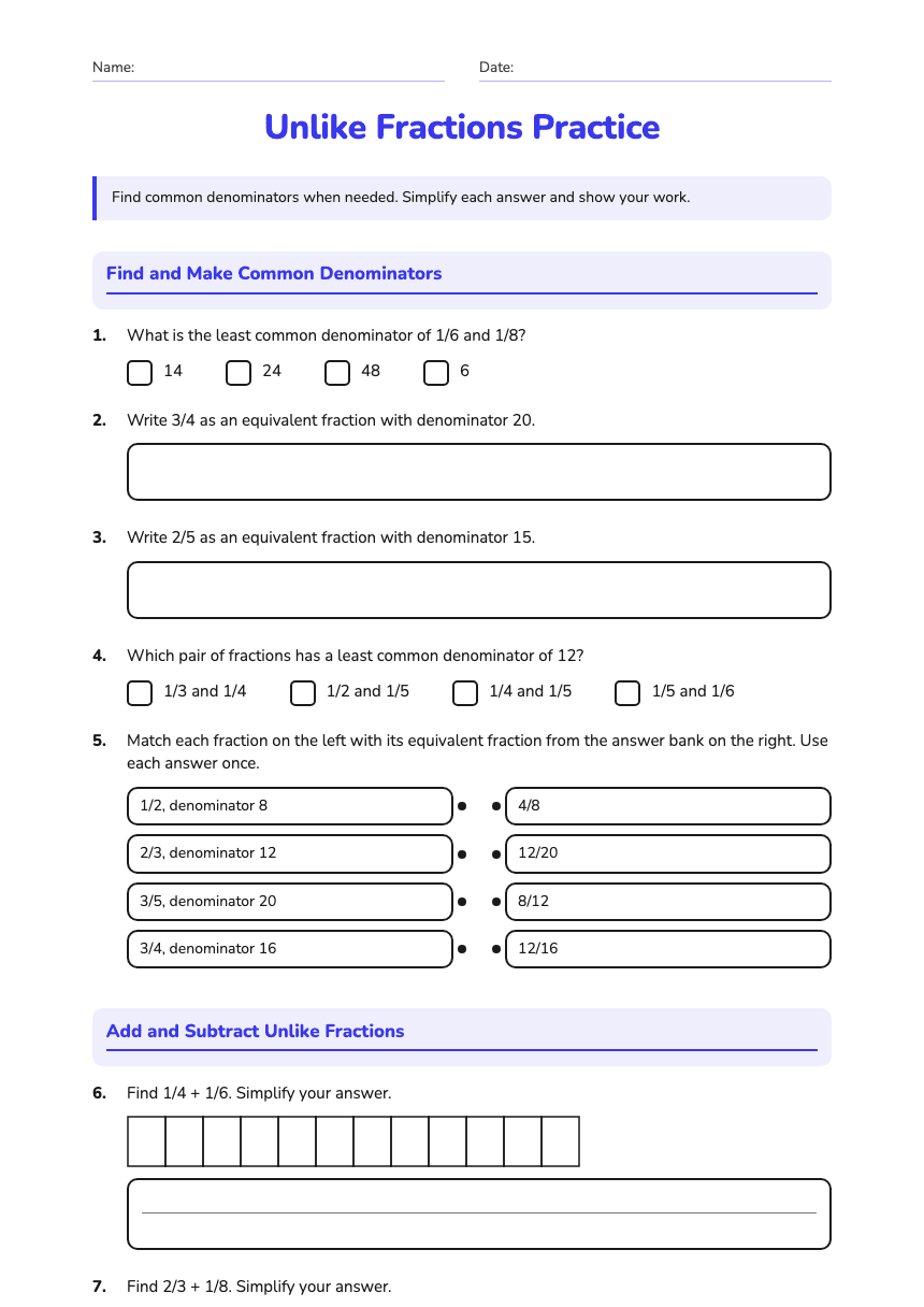 Unlike Fractions Practice worksheet preview