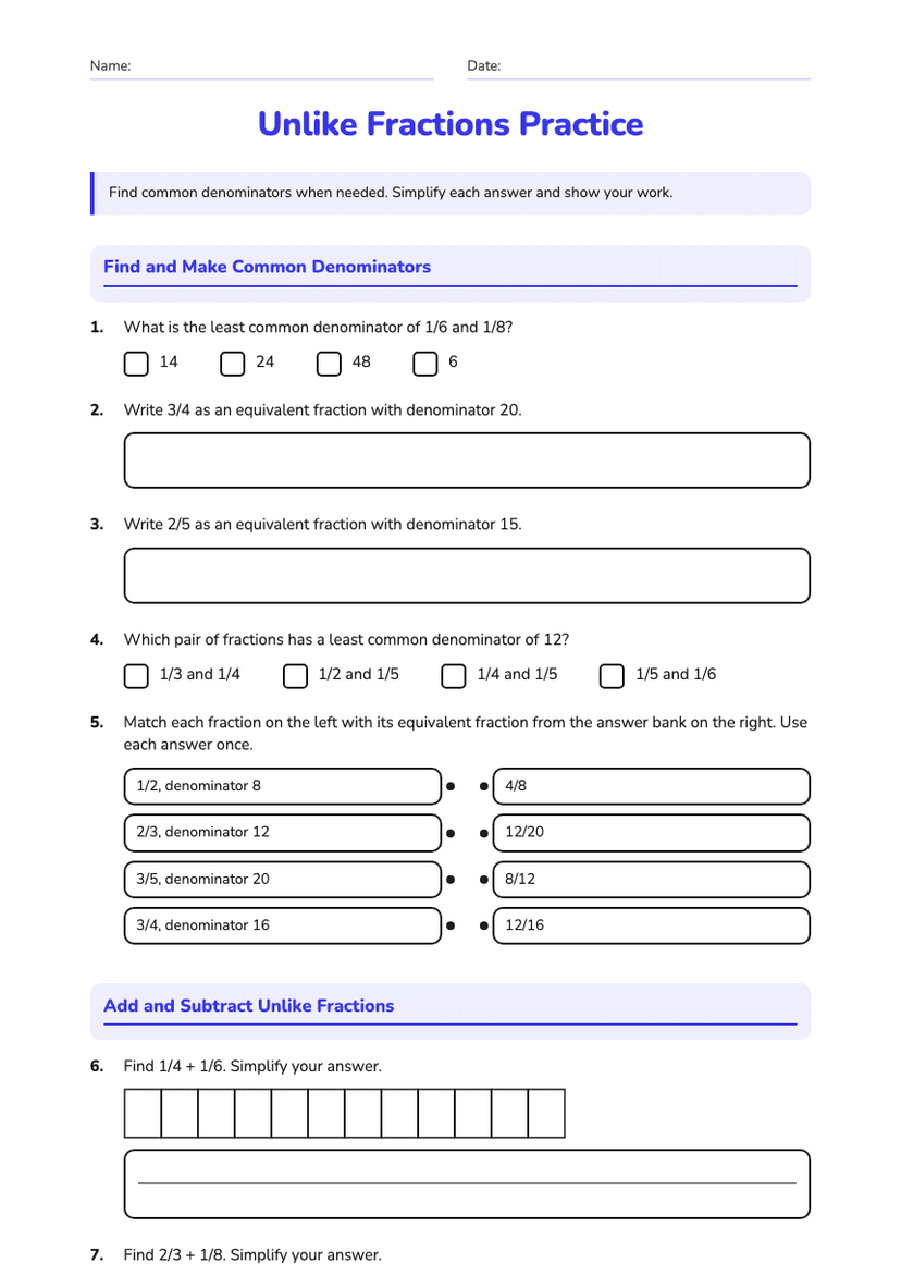 Unlike Fractions Practice