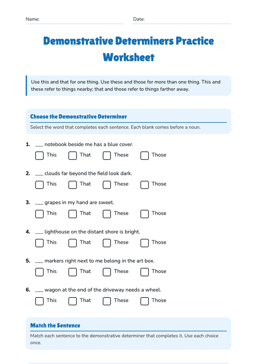 Demonstrative Determiners Practice Worksheet