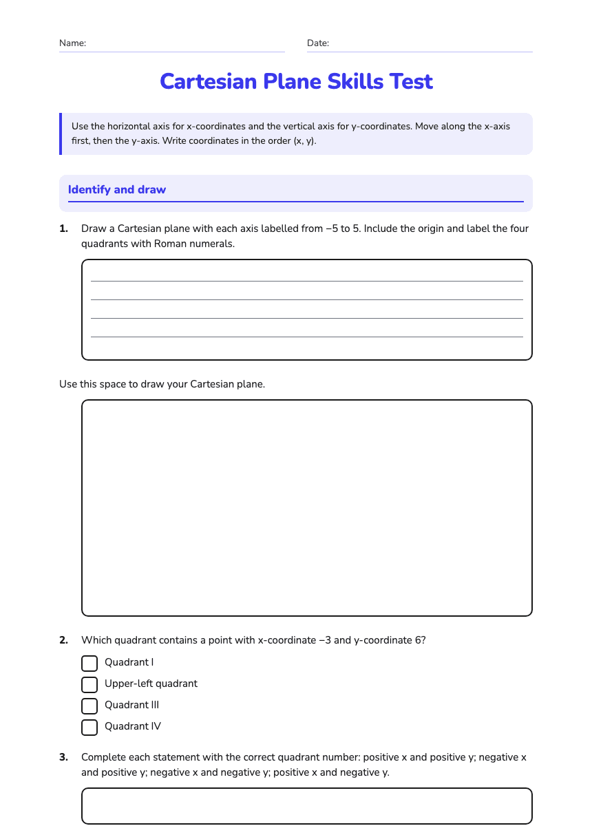 Cartesian Plane Skills Test worksheet preview