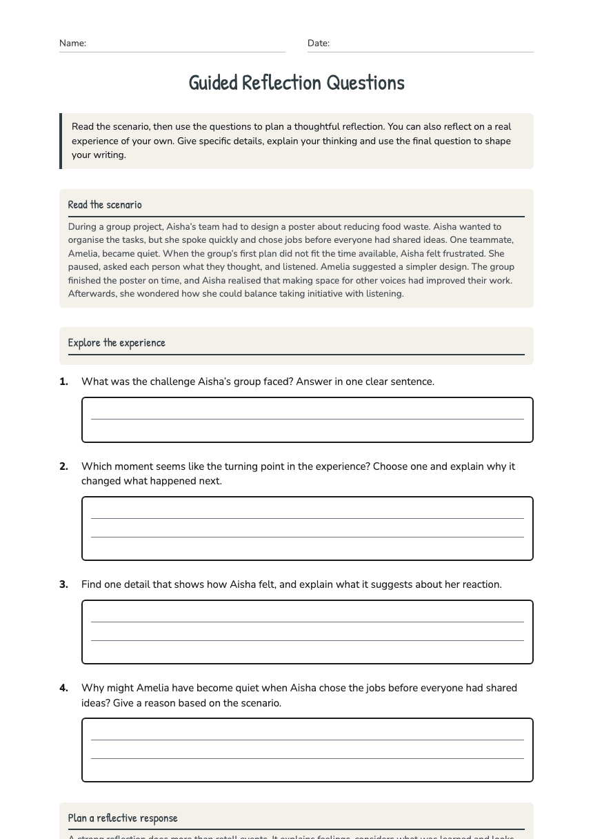 Guided Reflection Questions worksheet preview