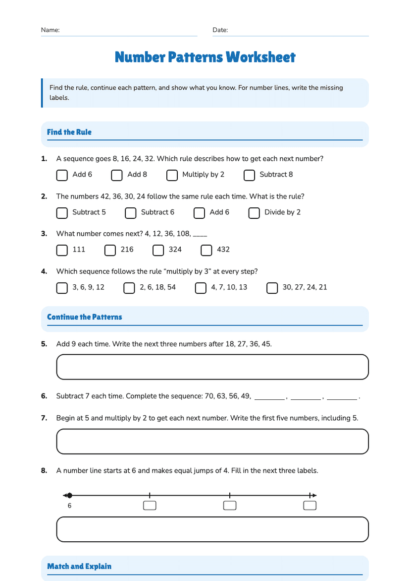 Number Patterns Worksheet