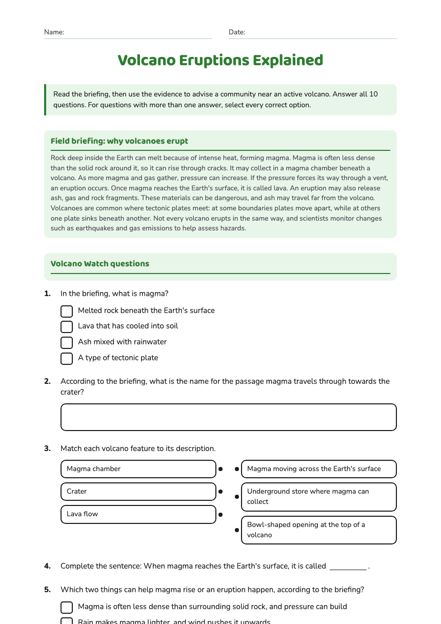 Volcano Eruptions Explained worksheet preview