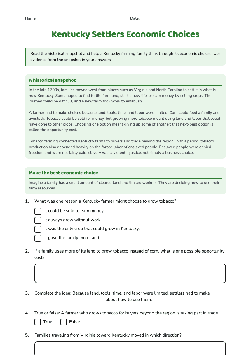Kentucky Settlers Economic Choices worksheet preview