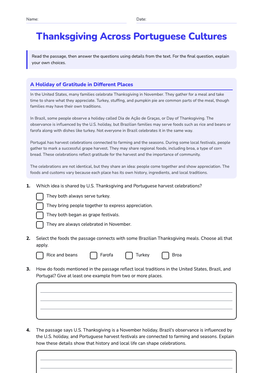 Thanksgiving Across Portuguese Cultures worksheet preview