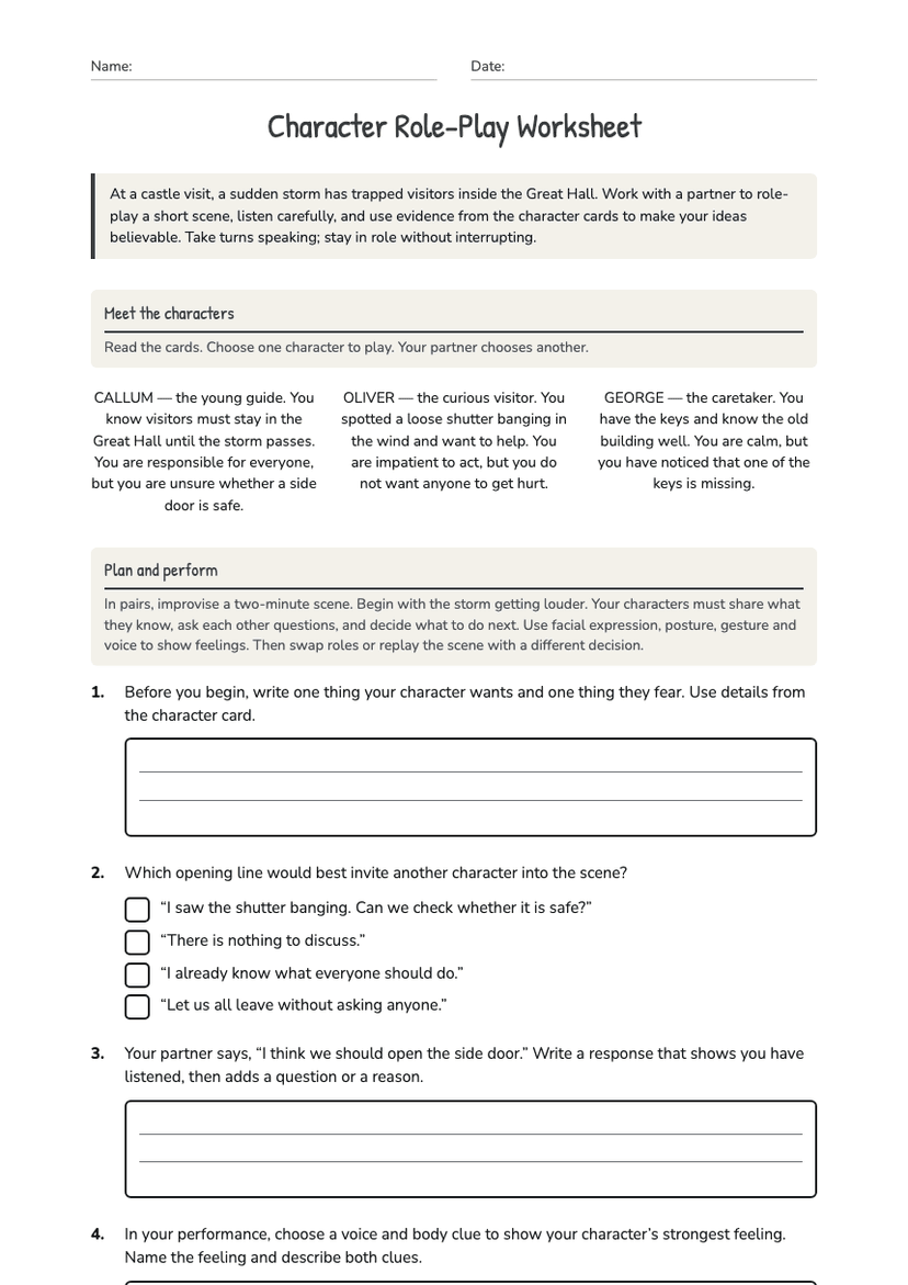 Character Role-Play Worksheet