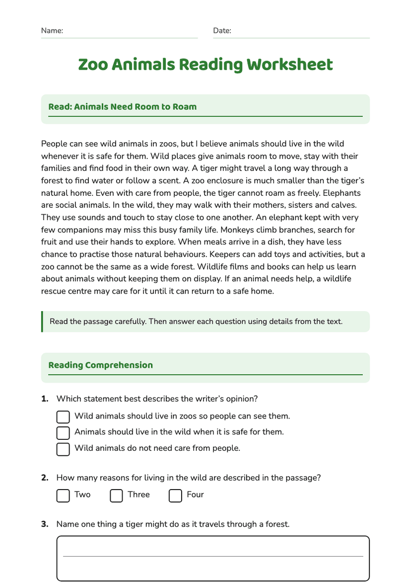 Zoo Animals Reading Worksheet