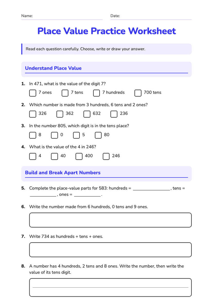 Place Value Practice Worksheet
