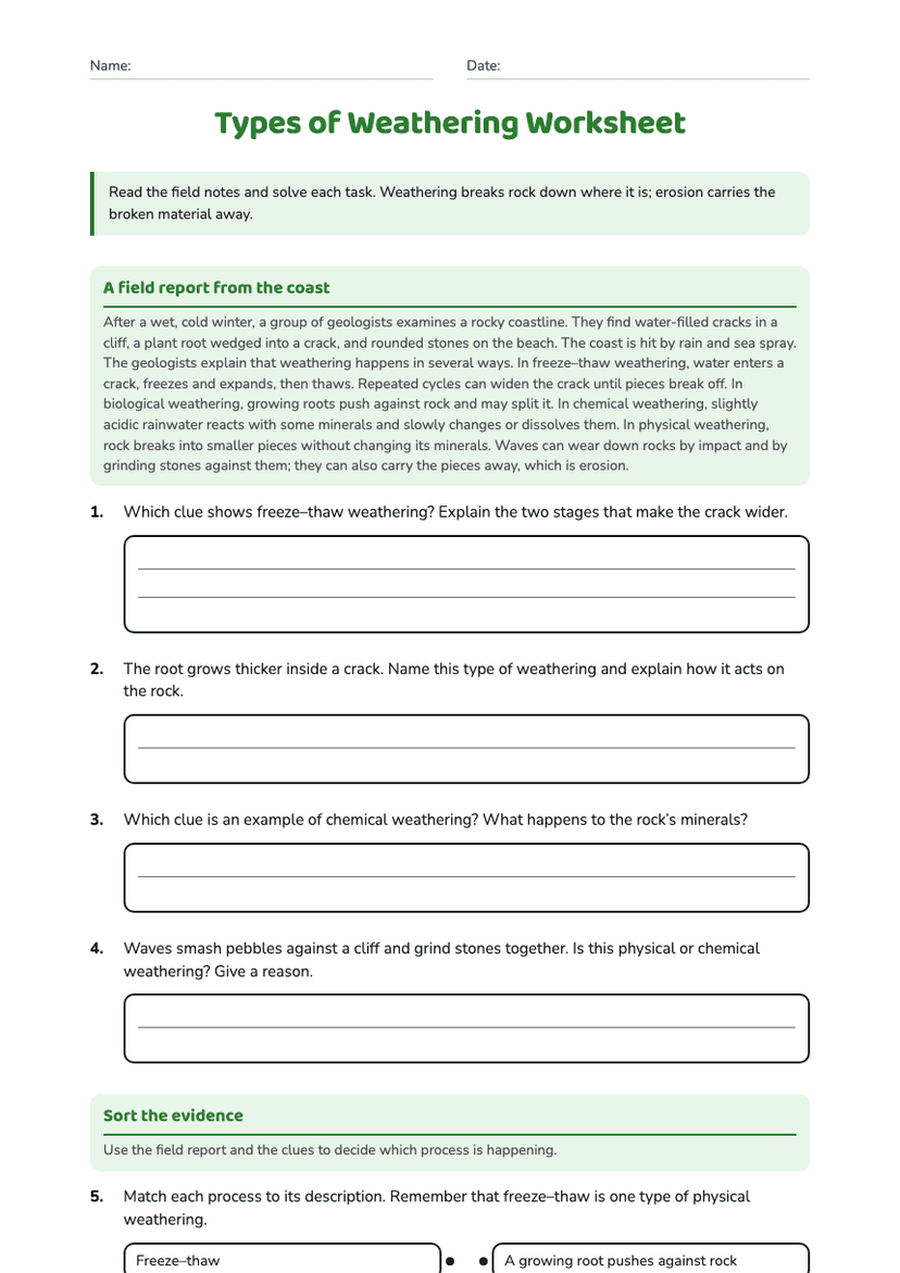 Types of Weathering Worksheet