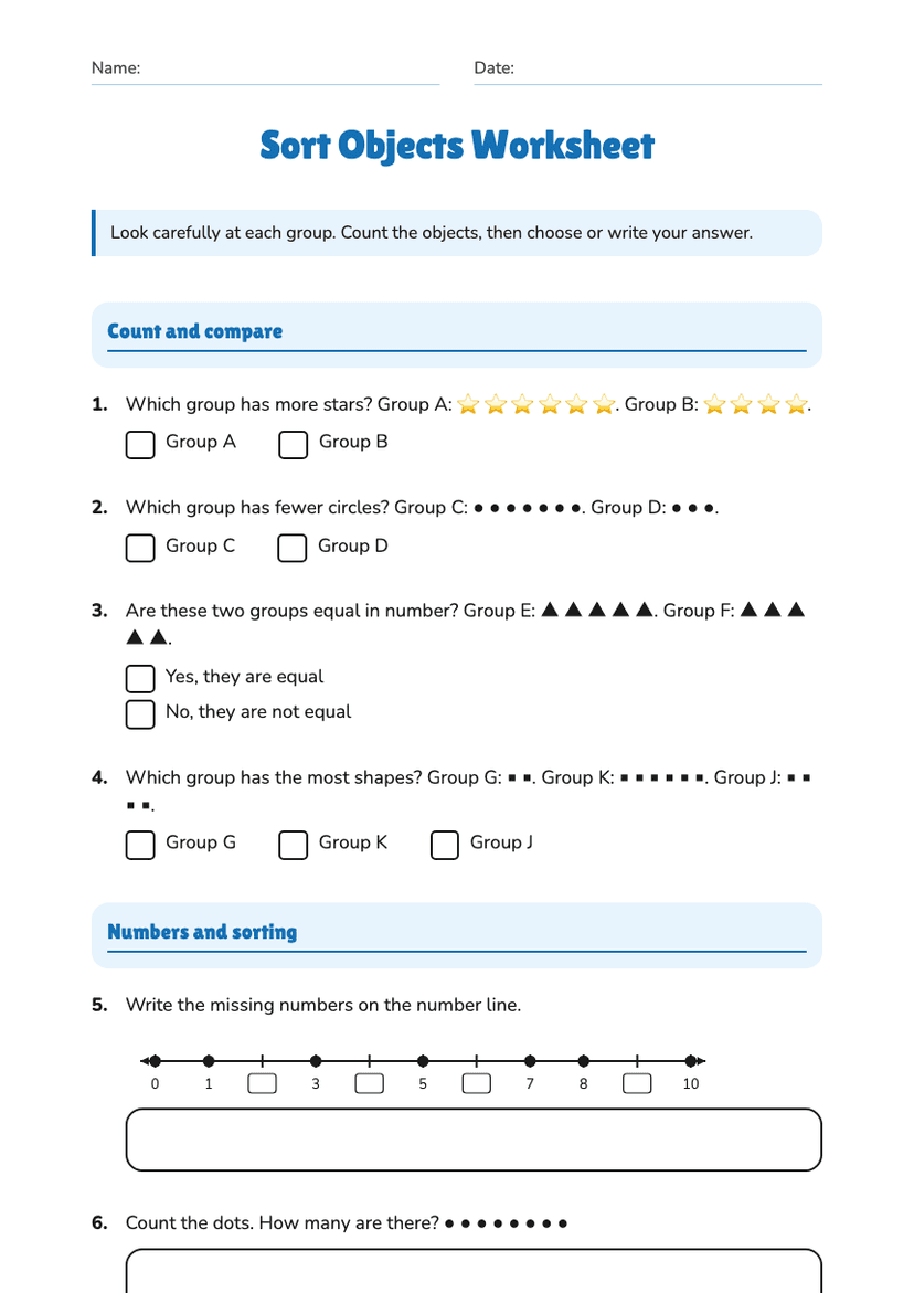 Sort Objects Worksheet