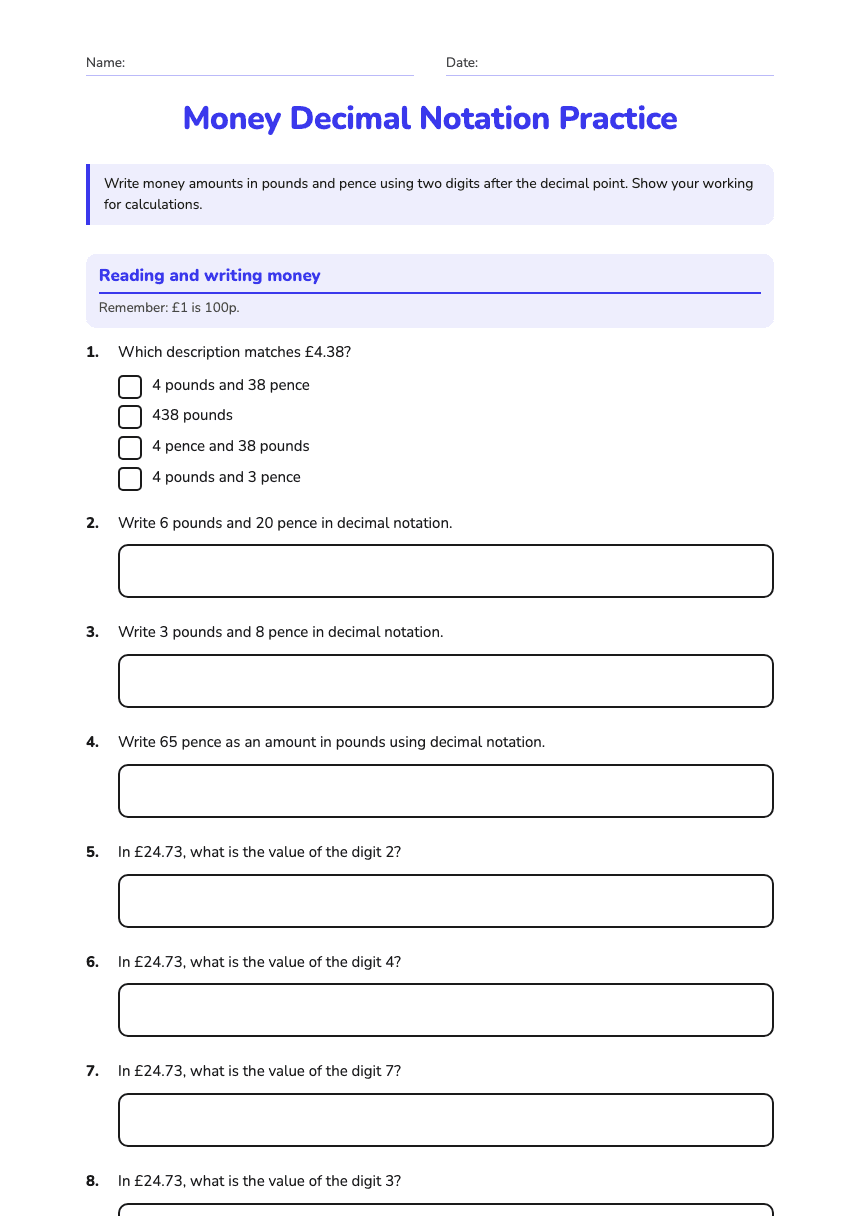 Money Decimal Notation Practice worksheet preview