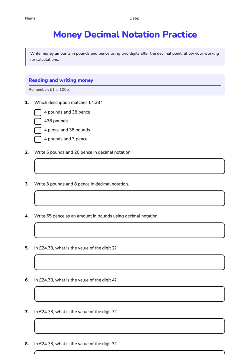 Money Decimal Notation Practice