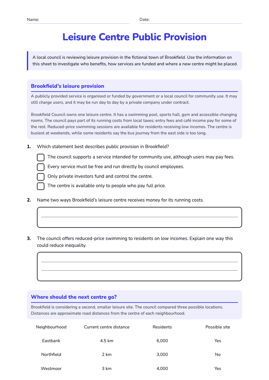 Leisure Centre Public Provision worksheet preview