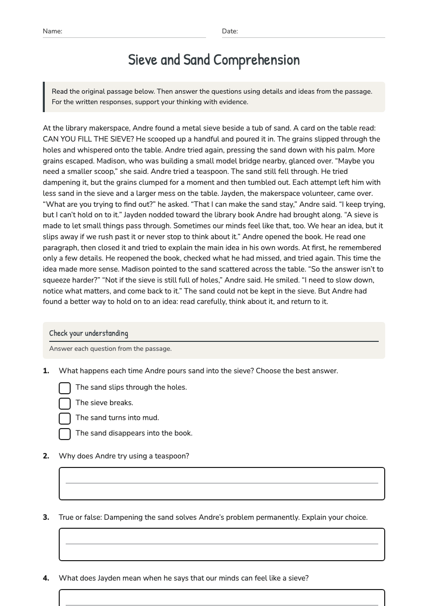 Sieve and Sand Comprehension worksheet preview