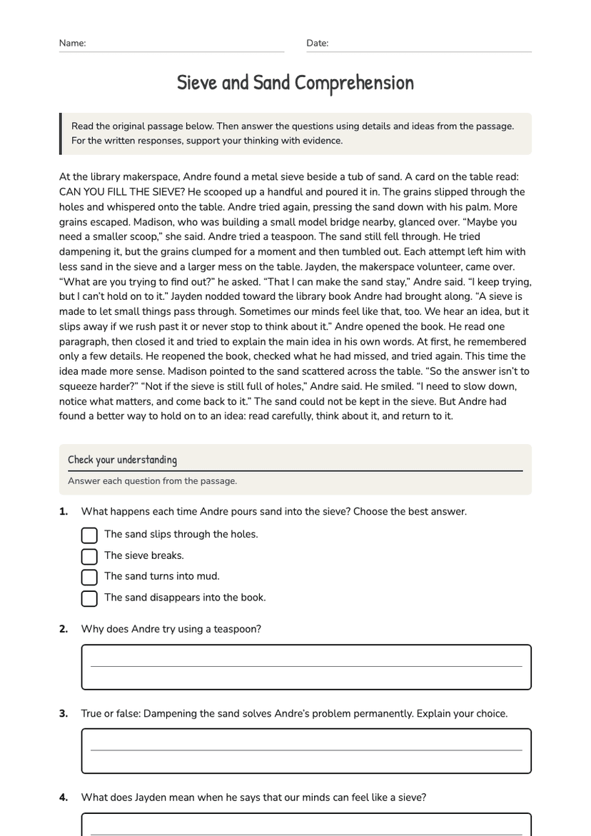 Sieve and Sand Comprehension