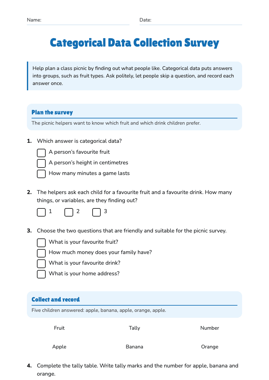 Categorical Data Collection Survey worksheet preview