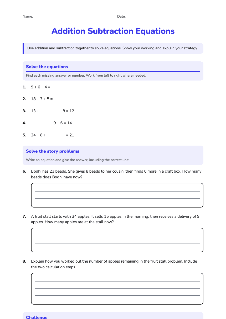 Addition Subtraction Equations worksheet preview