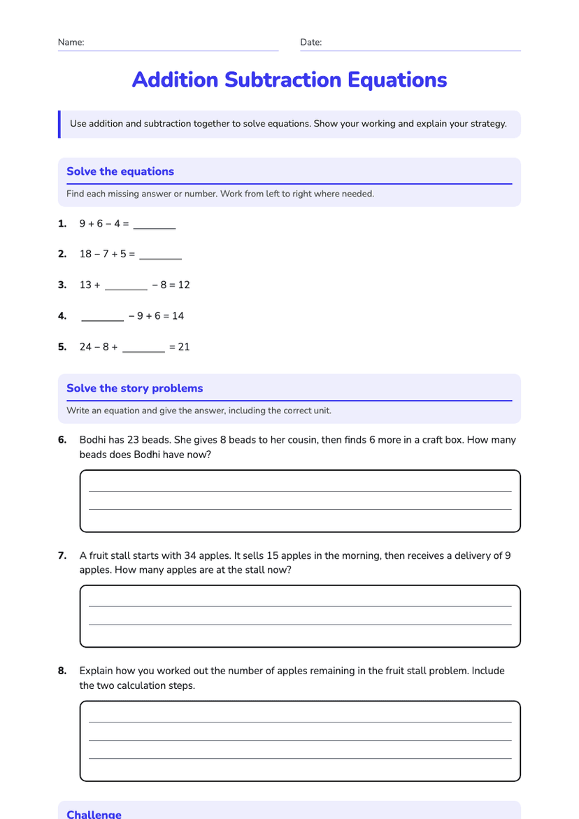 Addition Subtraction Equations