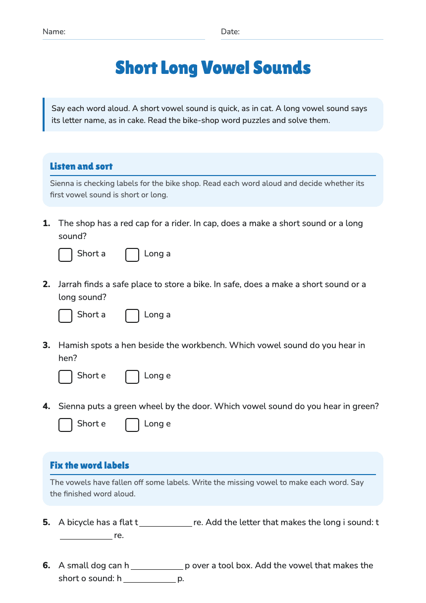 Short Long Vowel Sounds worksheet preview