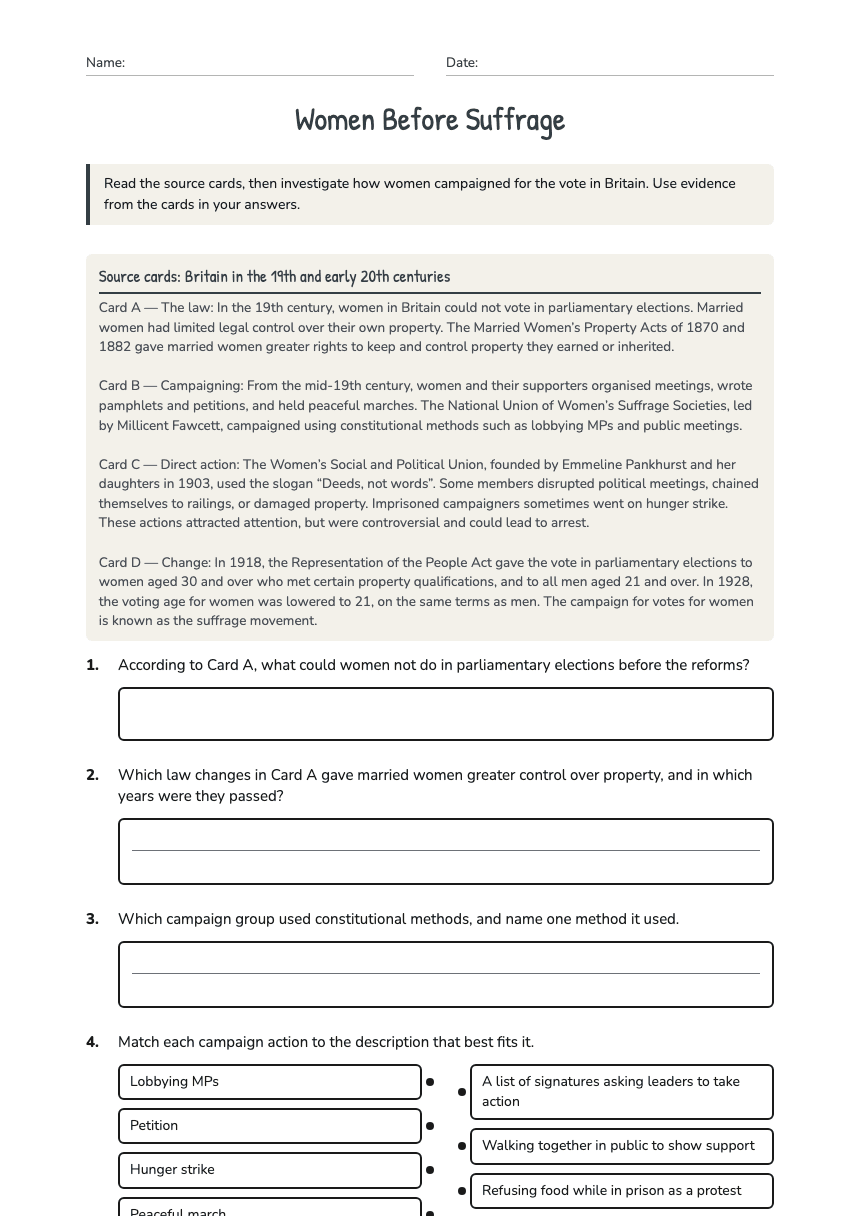 Women Before Suffrage worksheet preview