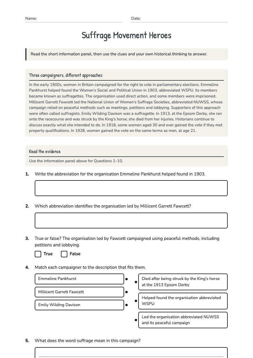 Suffrage Movement Heroes worksheet preview