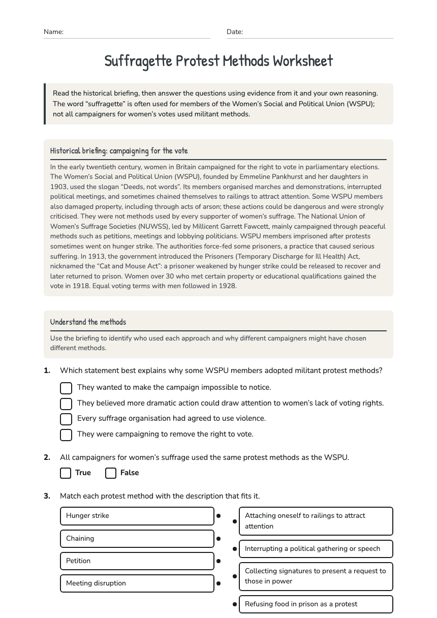 Suffragette Protest Methods Worksheet worksheet preview