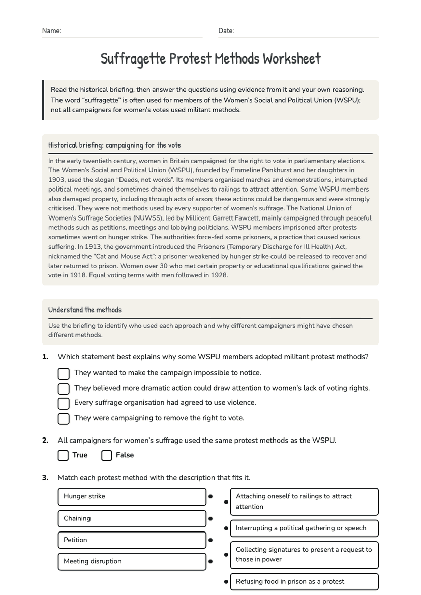 Suffragette Protest Methods Worksheet