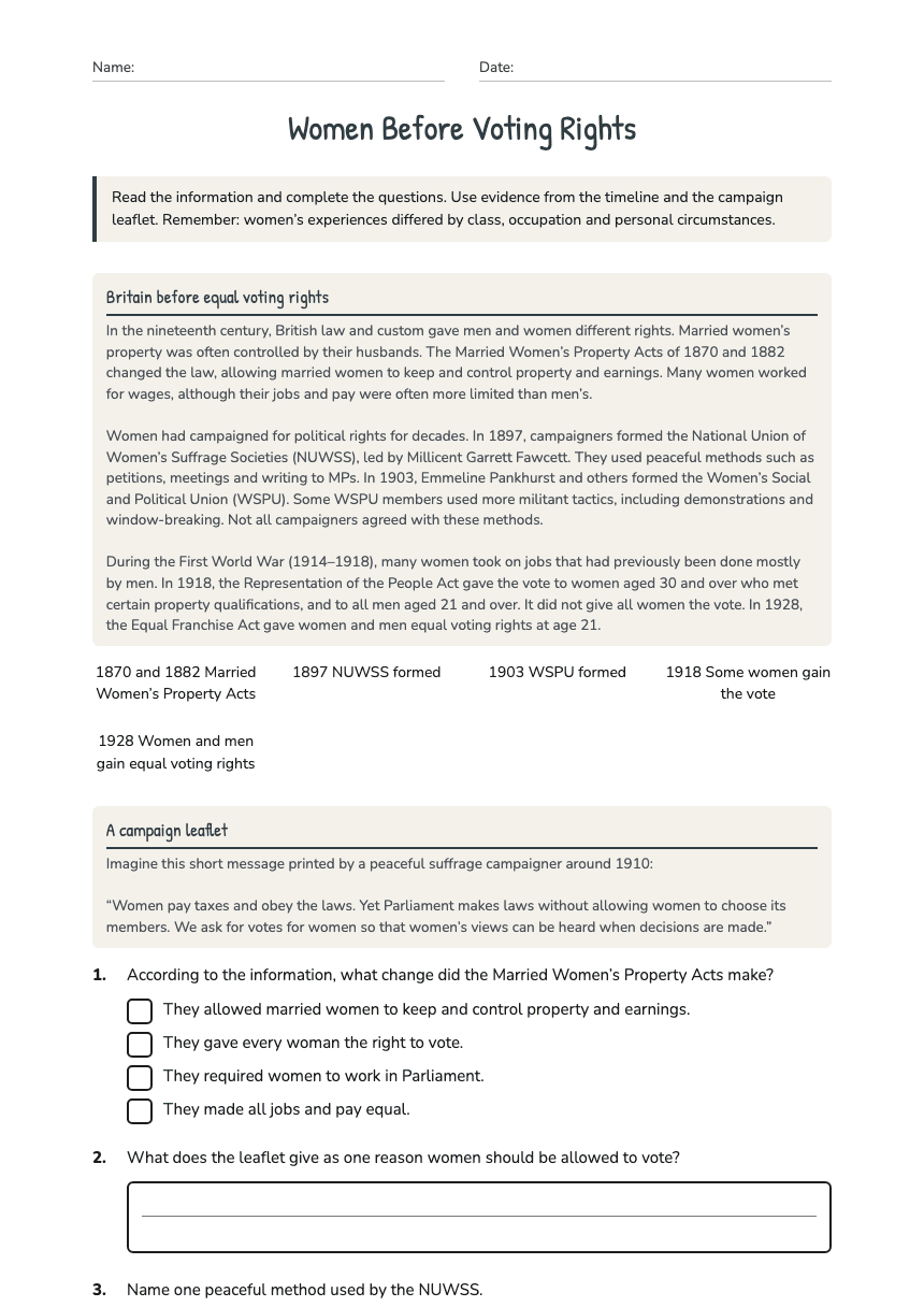 Women Before Voting Rights worksheet preview