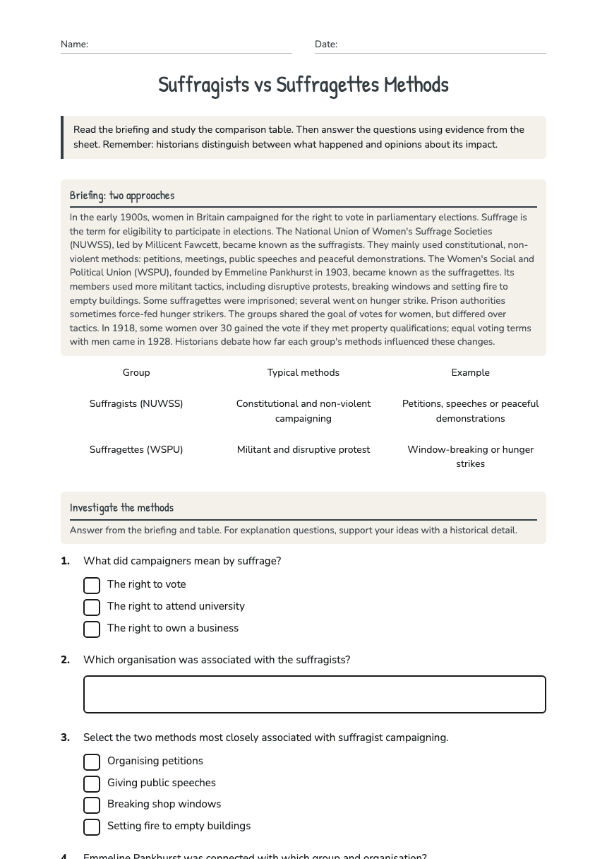Suffragists vs Suffragettes Methods worksheet preview