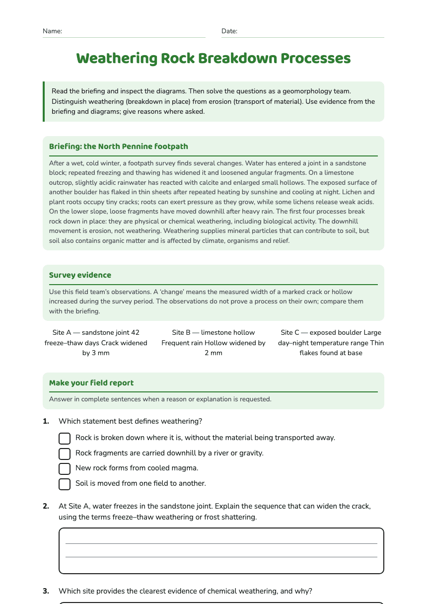 Weathering Rock Breakdown Processes worksheet preview