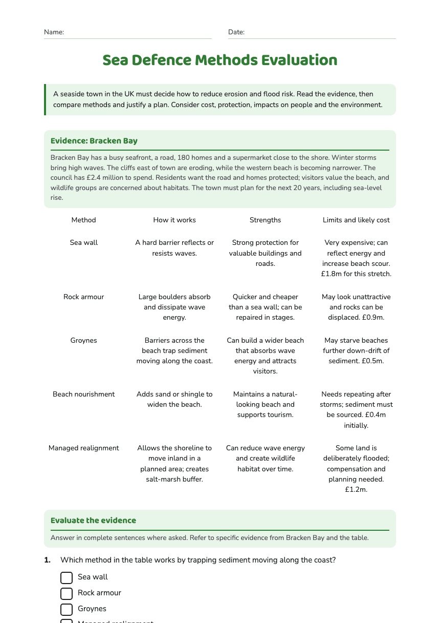 Sea Defence Methods Evaluation worksheet preview