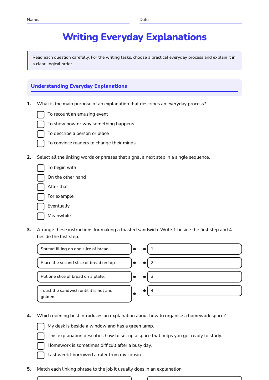 Writing Everyday Explanations worksheet preview